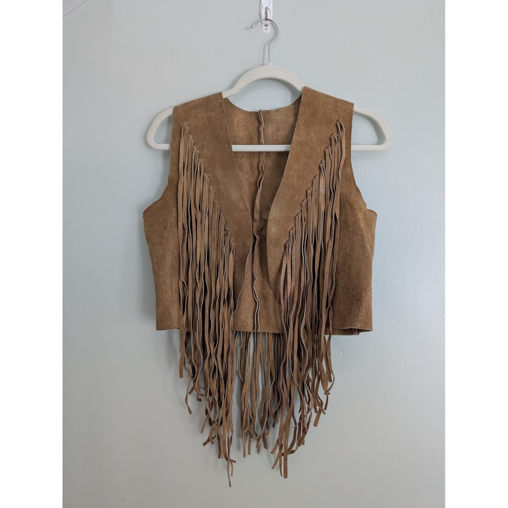 Vintage Suede Fringe Vest Women M Tan Excellent 70s Boho Western Festival Rodeo